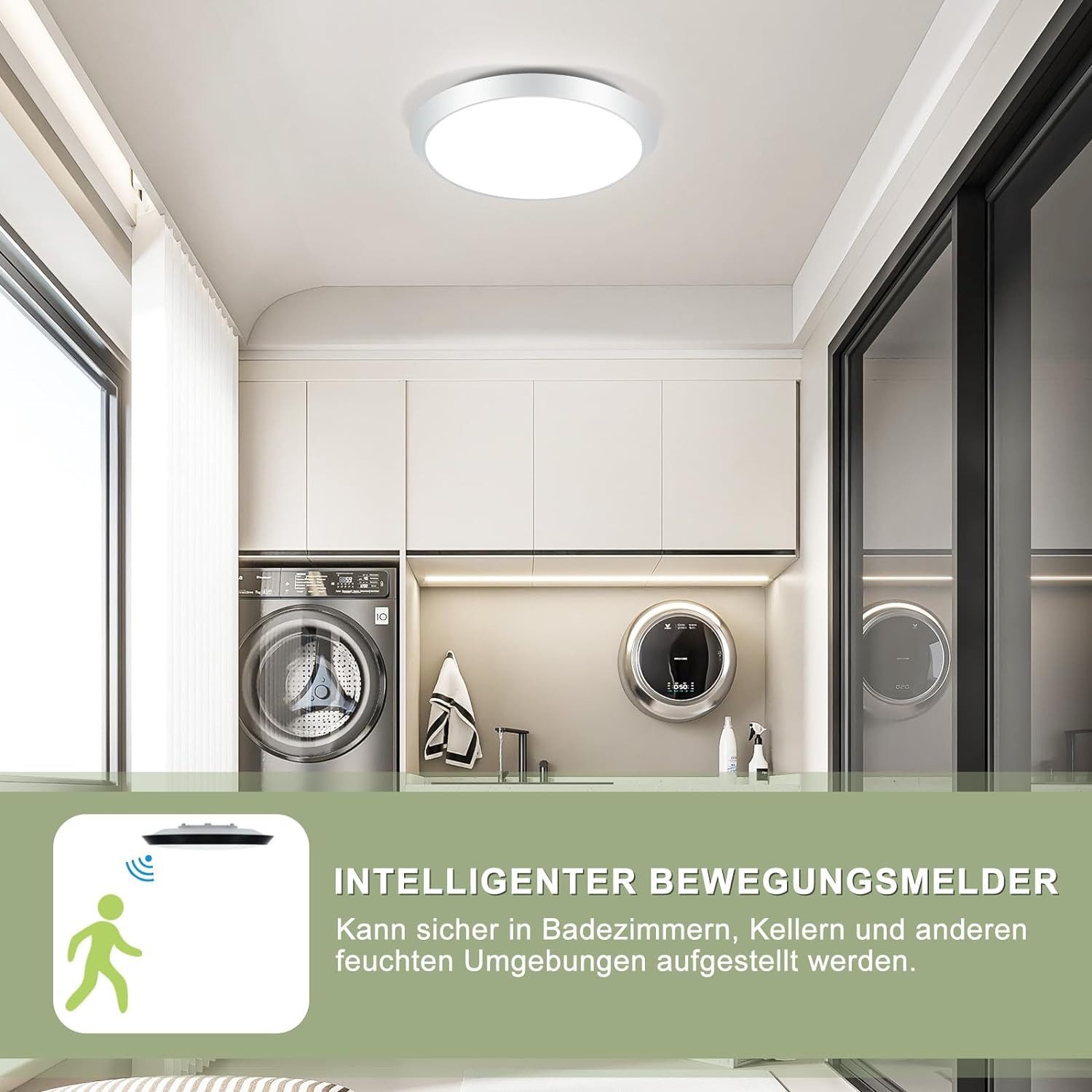 NETTLIFE LED loftlampe, rund hvid, med bevægelsessensor 15W, til indendørs brug 4000K, neutral hvid, IP44 trappelampe, 30 cm til entre
