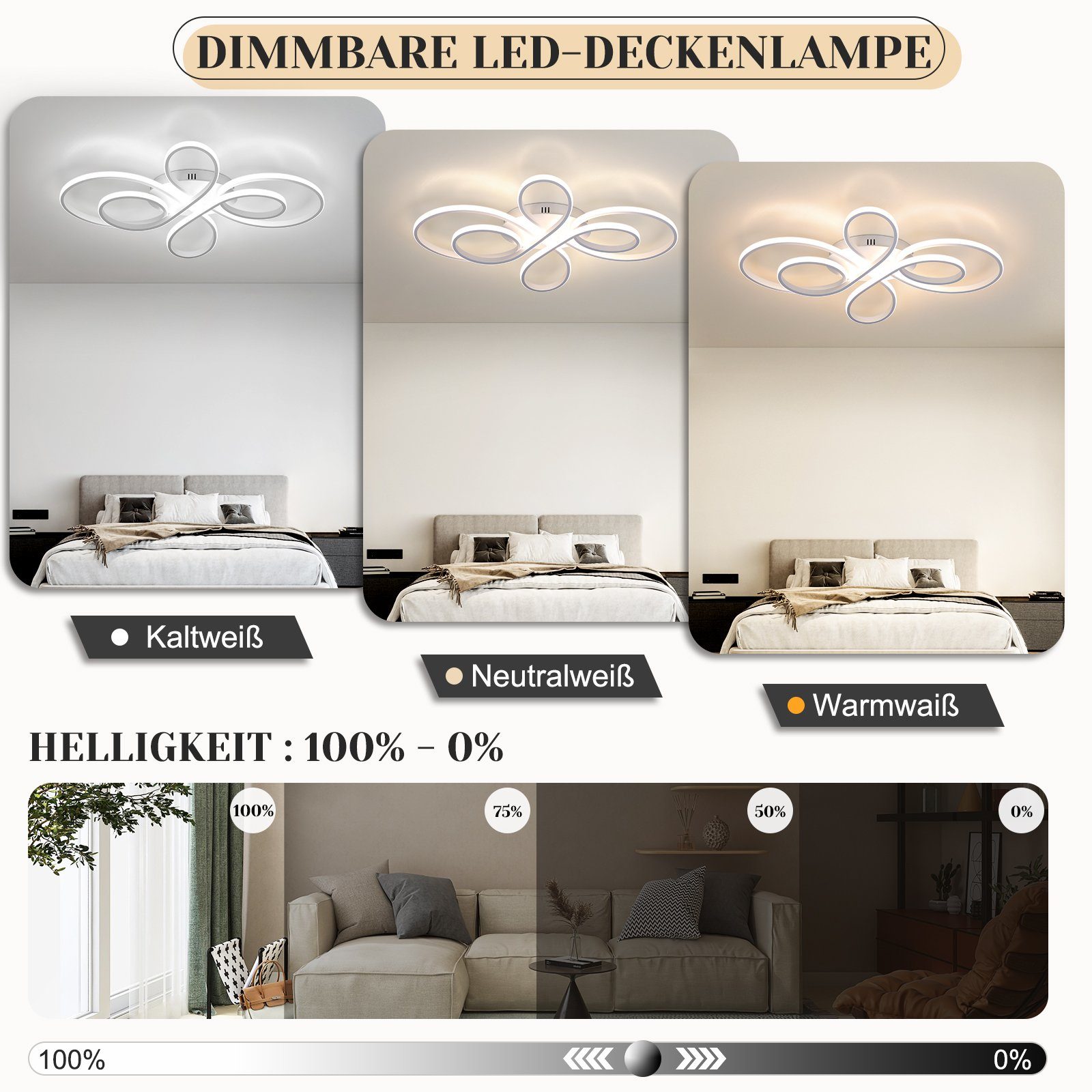 NETTLIFE LED loftlampe dæmpbar stor 100 cm 90 W moderne hvid med fjernbetjening