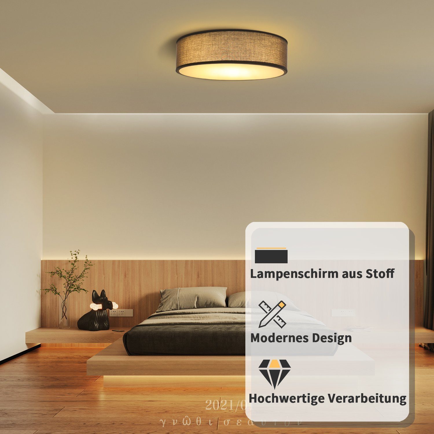 NETTLIFE moderne rund loftslampe E27, 38CM grå, 2 lamper, maks. 25W med stofskærm til soveværelse, lampe til stue