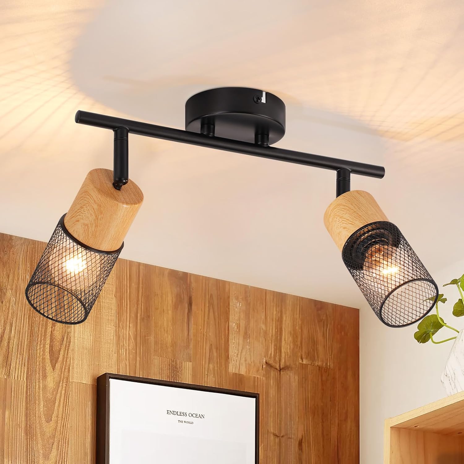 NETTLIFE - loftslampe 2 lamper, vintage - loftspotlights, træspotlights, 350° justerbare, E14, retro