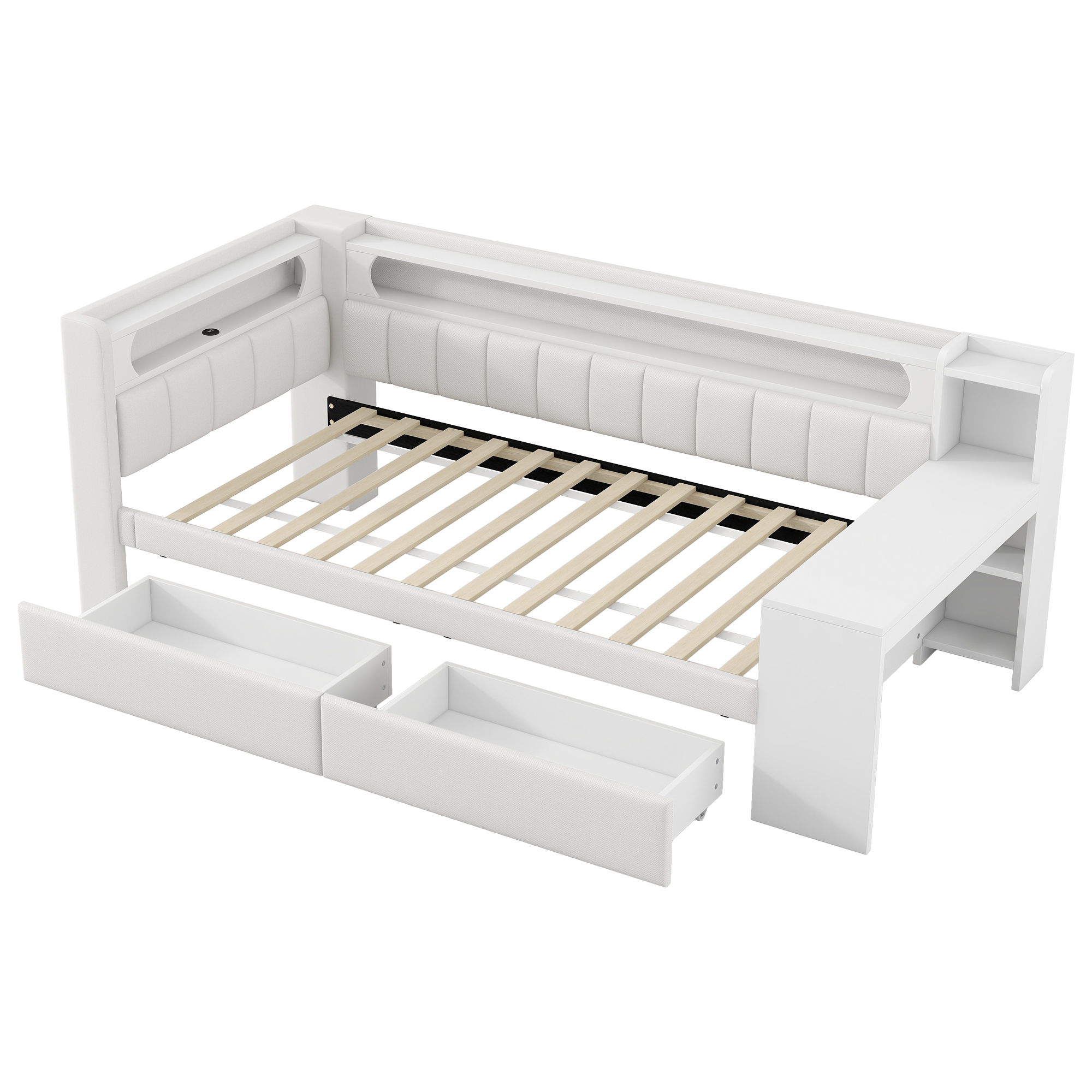 seng 90x200 cm hvid mdf og spærtræ med usb-porte led-belysning skrivebord og 2 skuffer