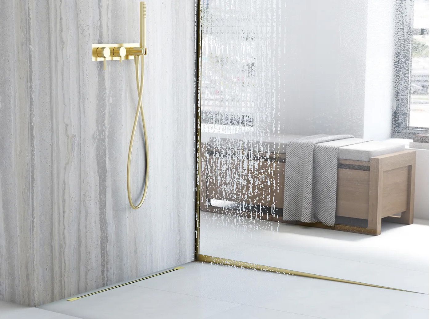 REA faldprofil til brusekar 140CM Højre Børstet guld, 140x3,7x2,2cm
