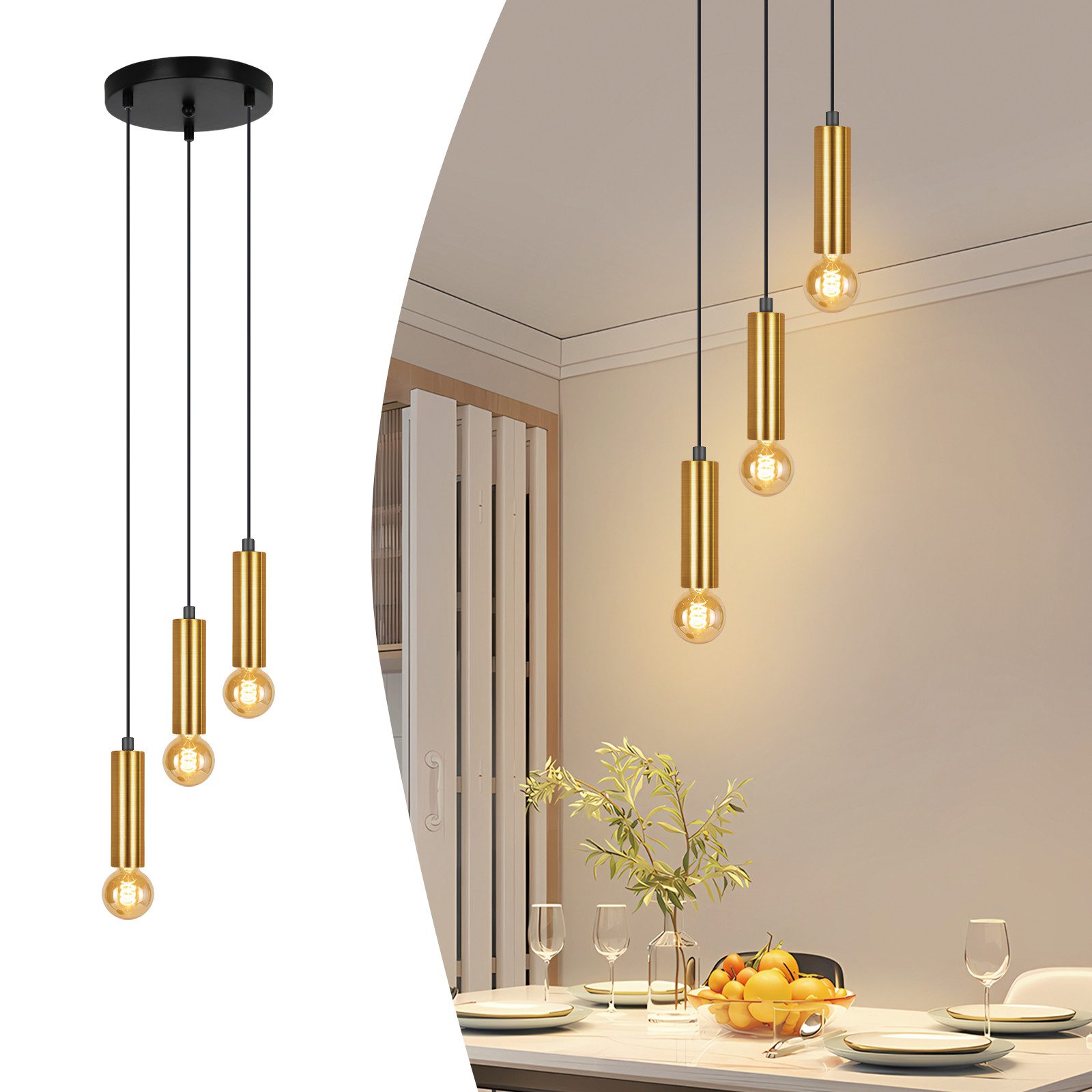 NETTLIFE pendellampe, 3 pærer, gylden pendellampe, E27, industriel spisestuelampe, metal spisebord