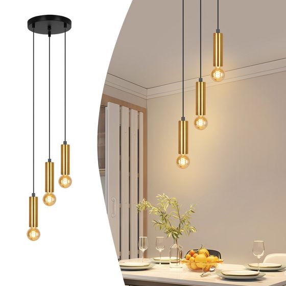 NETTLIFE pendellampe, 3 pærer, gylden pendellampe, E27, industriel spisestuelampe, metal spisebord
