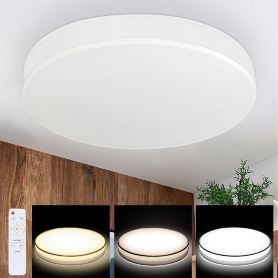 NETTLIFE LED loftslampe, 38 cm dæmpbar med fjernbetjening hvid, rund moderne stofloftslampe til stue, soveværelse, entré