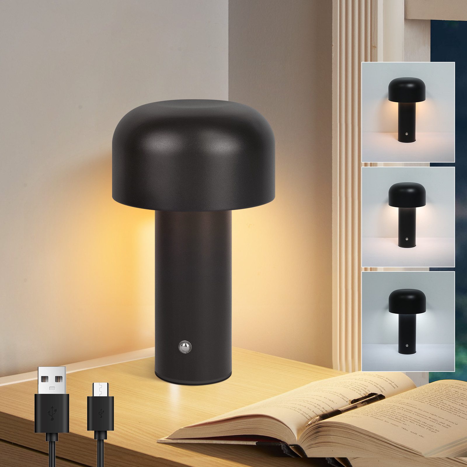 NETTLIFE 2W dæmpbar batteridrevet ledningsfri LED-bordlampe, sengebordslampe til soveværelse, lille svampelampe