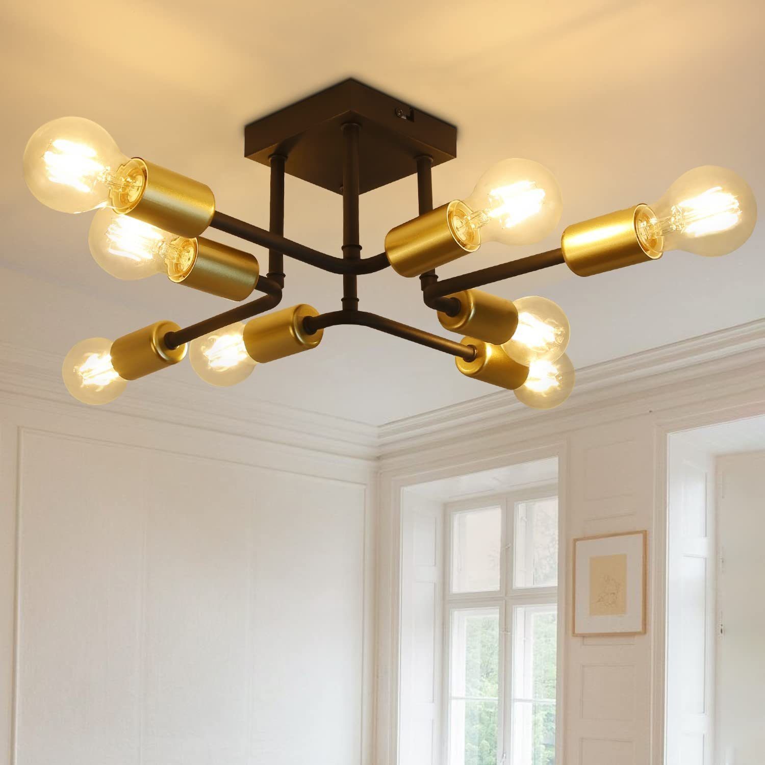 NETTLIFE - loftslampe, 48,5 * 48 * 16 cm E27 Vintage - industrilampe i metal, med 8 pærer, sort og guld, til soveværelse, maks. 25W