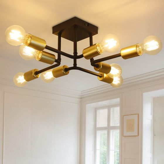NETTLIFE - loftslampe, 48,5 * 48 * 16 cm E27 Vintage - industrilampe i metal, med 8 pærer, sort og guld, til soveværelse, maks. 25W