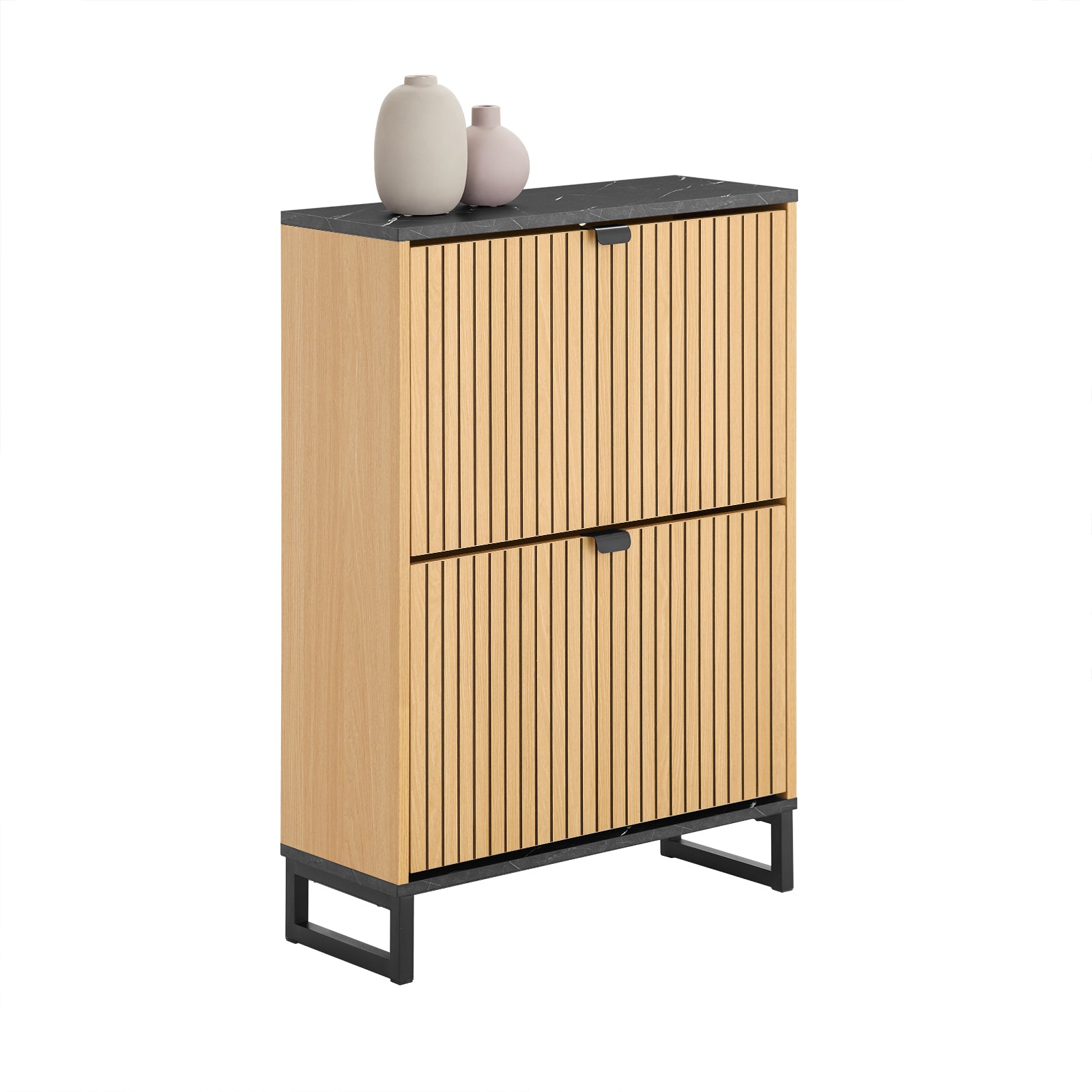 SoBuy 2-dørs slankt pladsbesparende skoskab - moderne skoskab - skoskab til 8-12 par, med modstandsdygtig struktur, sort marmoreffekt og lyst træ, 60x24x88cm, FSR202-N