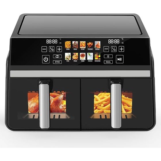 NETTLIFE Dual Zone varmluftsovn, 10 L (2x5 L), 2200 W, SYNC & DUAL funktioner, vindue, berøringsskærm