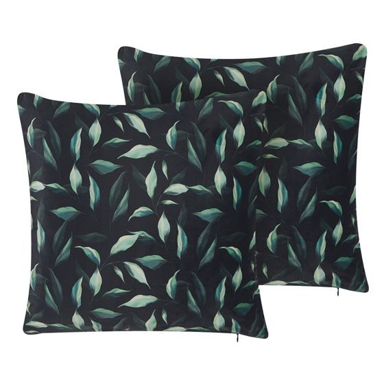 Sæt af 2 pyntepuder TOADFLAX 45 x 45 cm Velour Grøn Sort Plante mønster