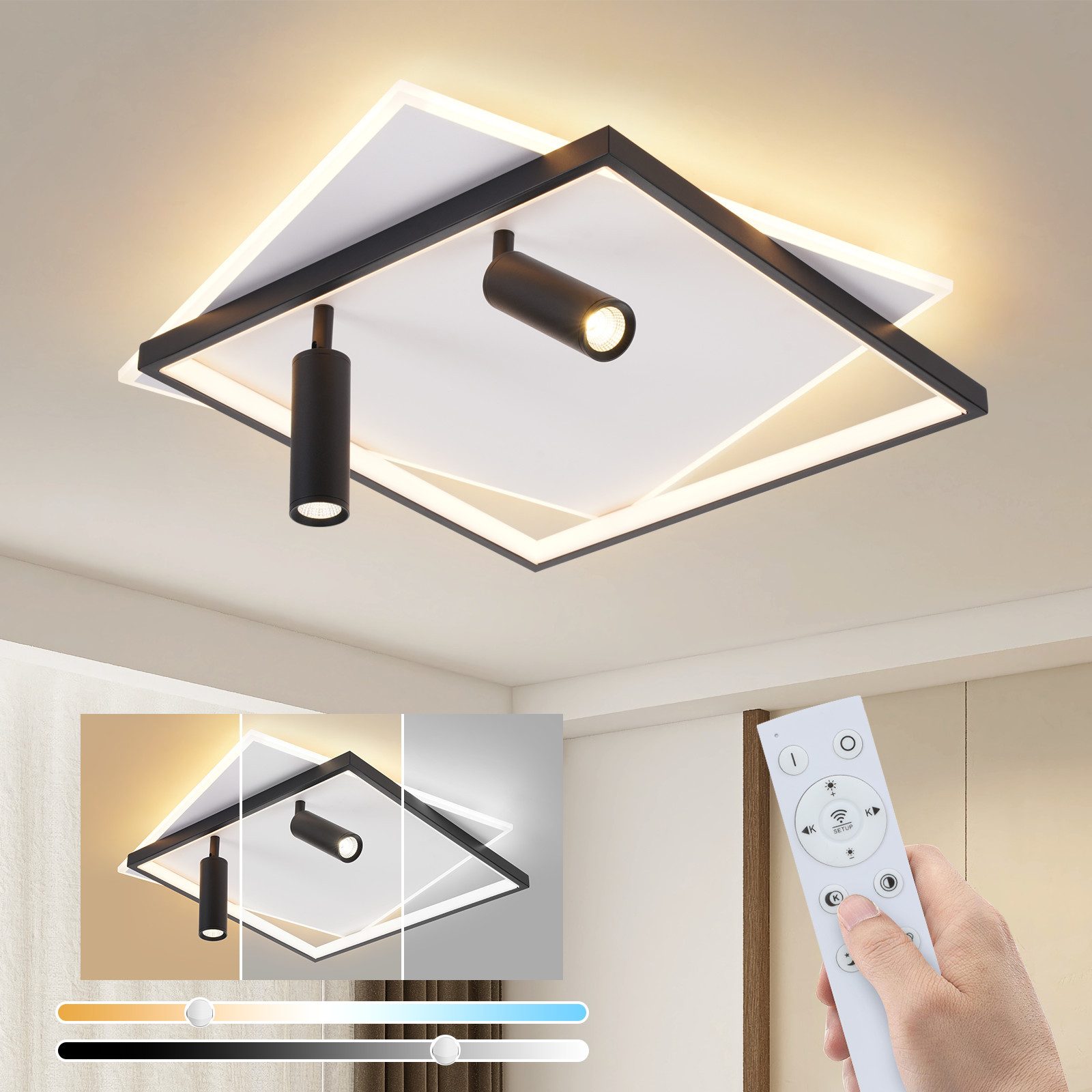 NETTLIFE LED loftlampe til stuen: dæmpbar 62 W stuelampe med to sorte loftlamper med fjernbetjening