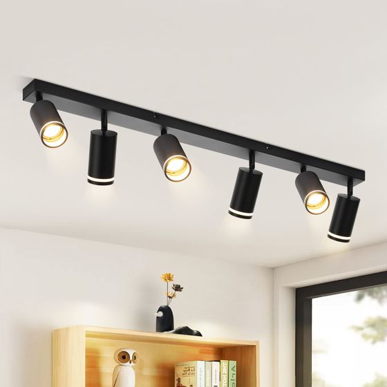 NETTLIFE Moderne loftslampe med 6 spots: Sort GU10 loftslampe, 355° drejelig metallampe til køkken, stue uden pære