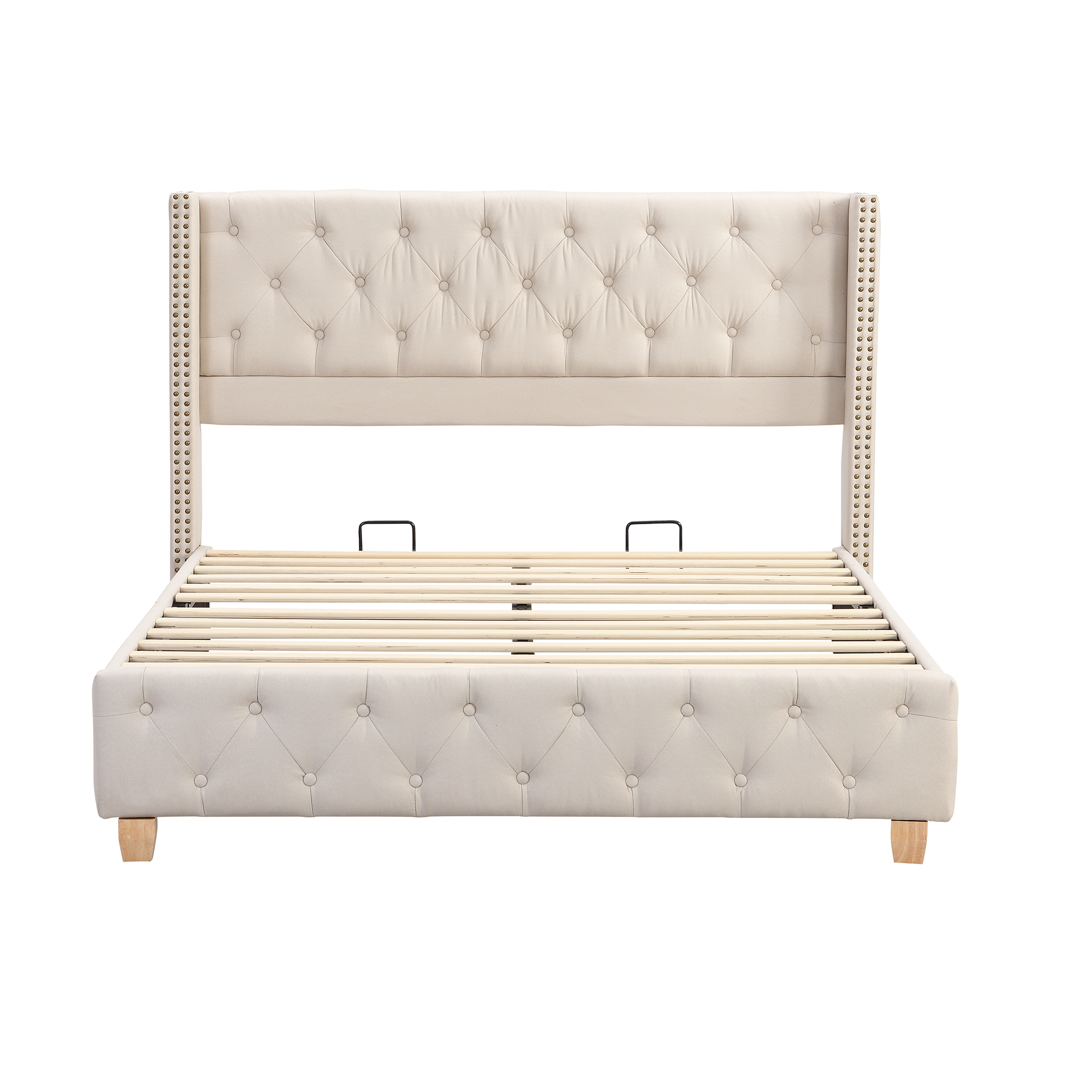Betrukket seng 140 x 190 cm, beige linned, knapper + træben