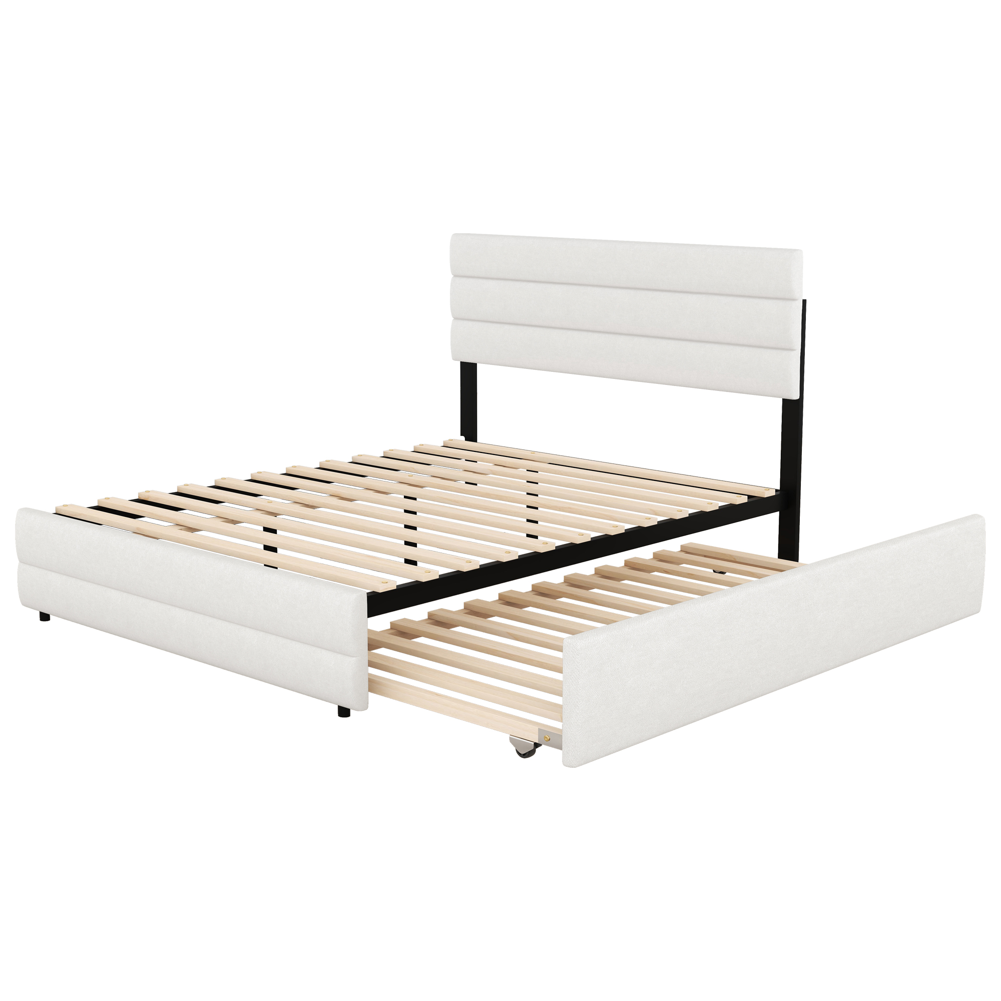 Sengegavl 140 x 200 cm, beige linned + MDF, 2 skuffer