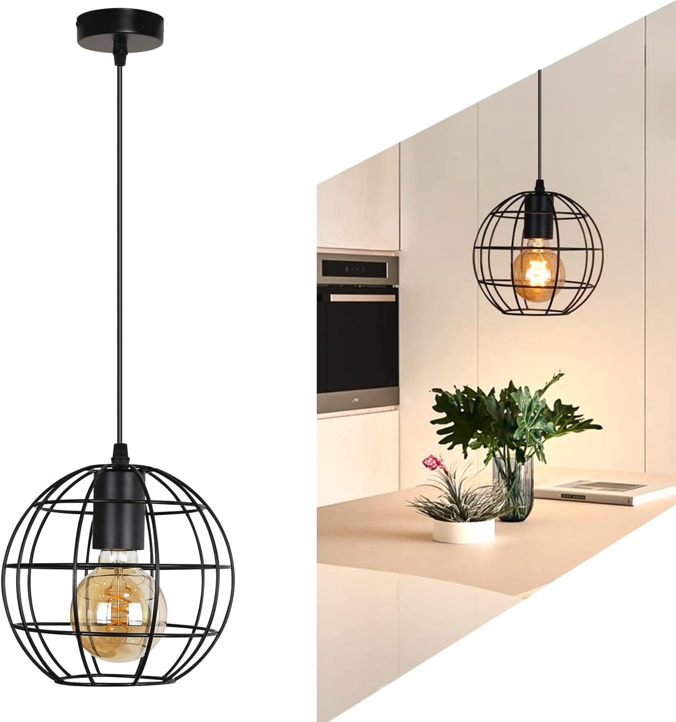 NETTLIFE Vintage - pendellampe, sort, E27, diameter 18,5 cm, metal, industriel kugleformet køkkenlampe maks. 40 W