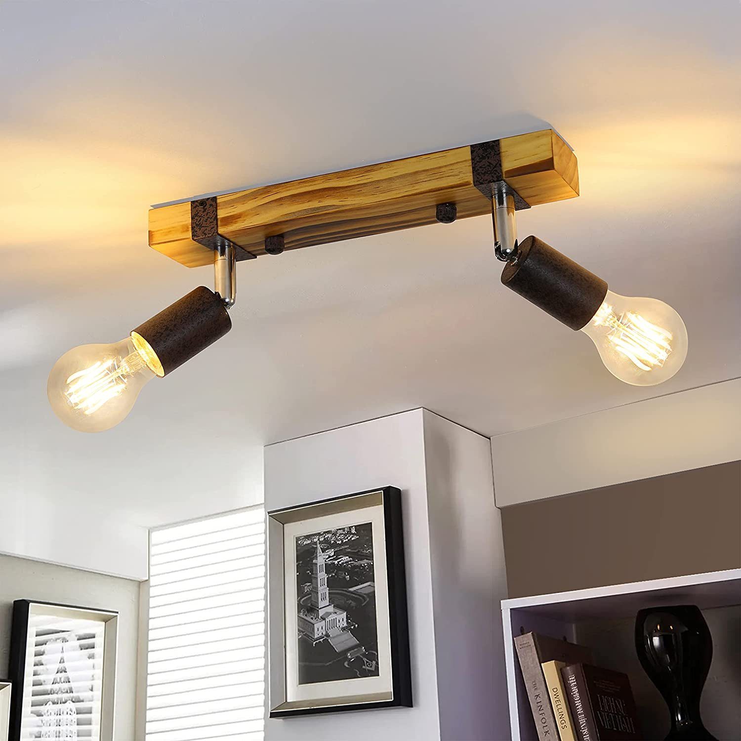 NETTLIFE Retro - loftspotlight, 2 lys, dæmpbar, træbjælke, justerbar LED, udskiftelig