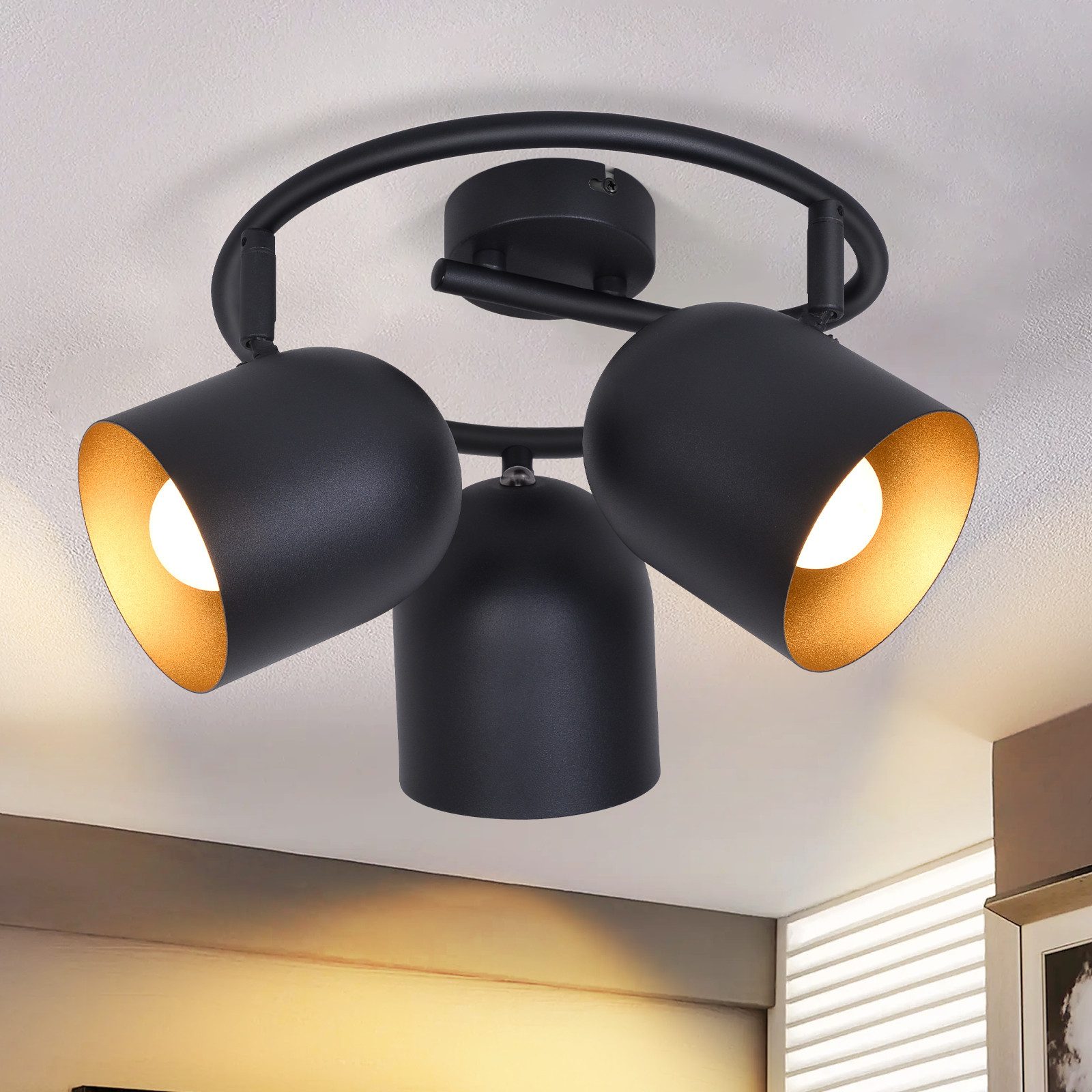 NETTLIFE Loftlampe E14 sortguld loftspotlight til entré industriel stil vintage stil justerbar uden pære 350° justerbar