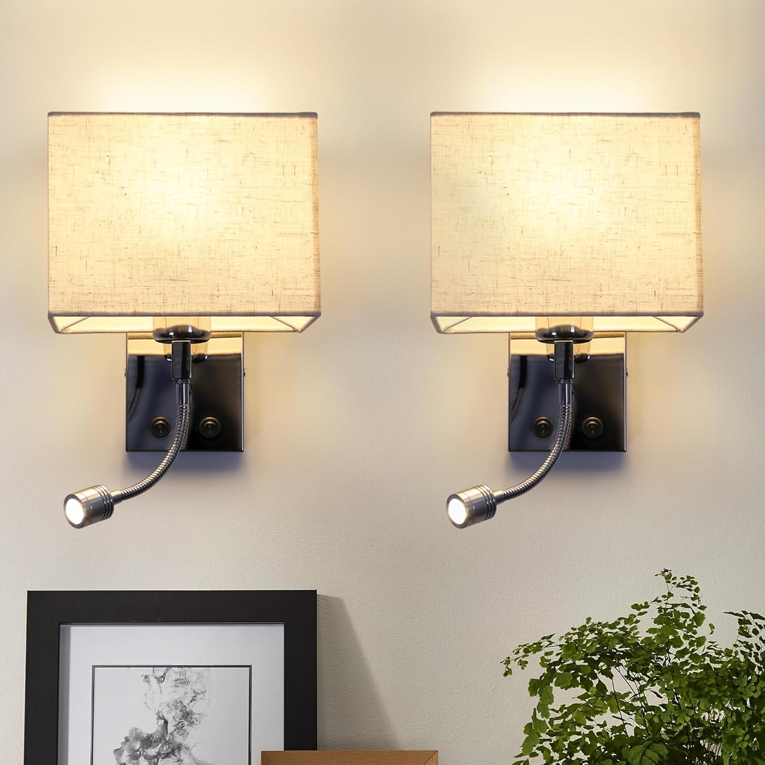 NETTLIFE 2 LED væglampesæt til indendørs/soveværelse væglampe til stue sengelampe i stof med fleksibel læsearm E27