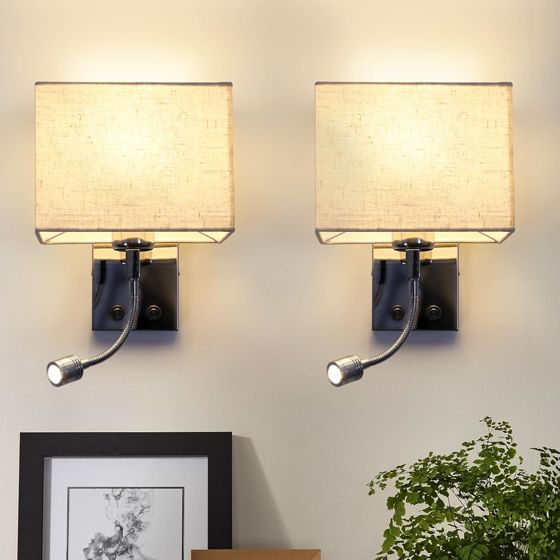 NETTLIFE 2 LED væglampesæt til indendørs/soveværelse væglampe til stue sengelampe i stof med fleksibel læsearm E27