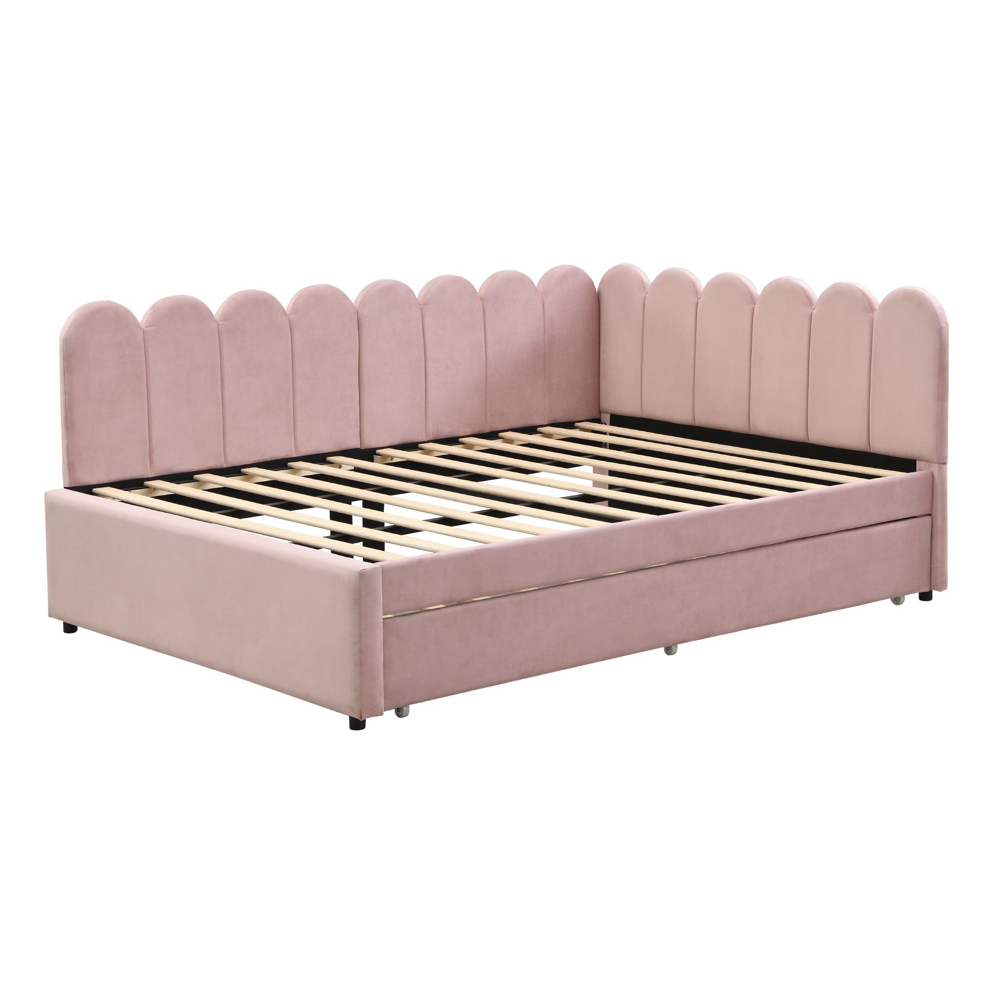 L-Sovesofa 140 x 200 cm, Pink Fløjl, Blomstret Ryg + Udtrækkelig