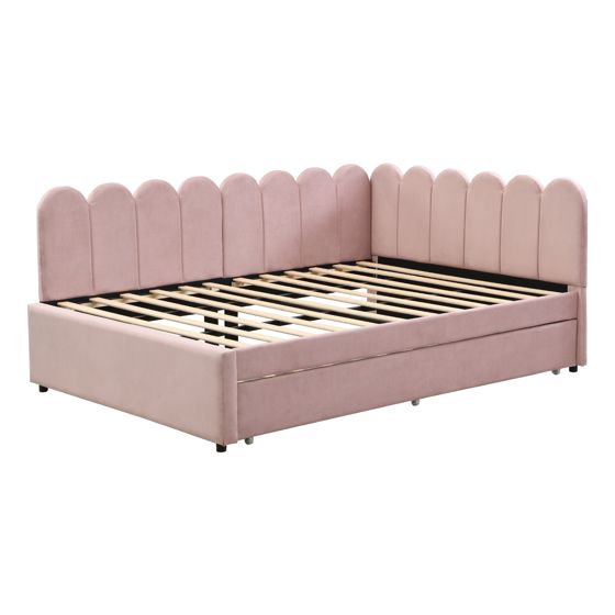 L-Sovesofa 140 x 200 cm, Pink Fløjl, Blomstret Ryg + Udtrækkelig