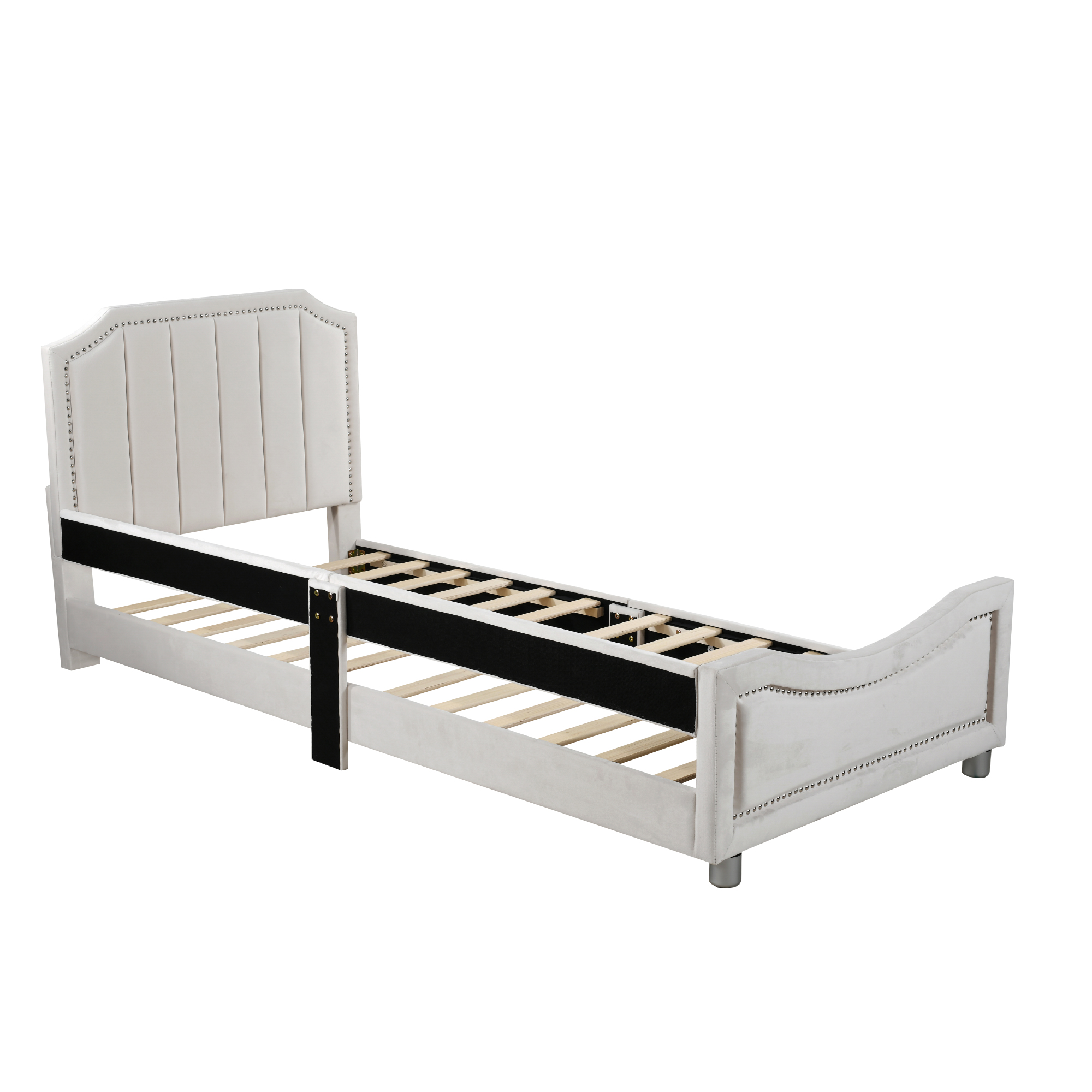 Seng 90 x 200 cm, beige, ryglæn + armlæn