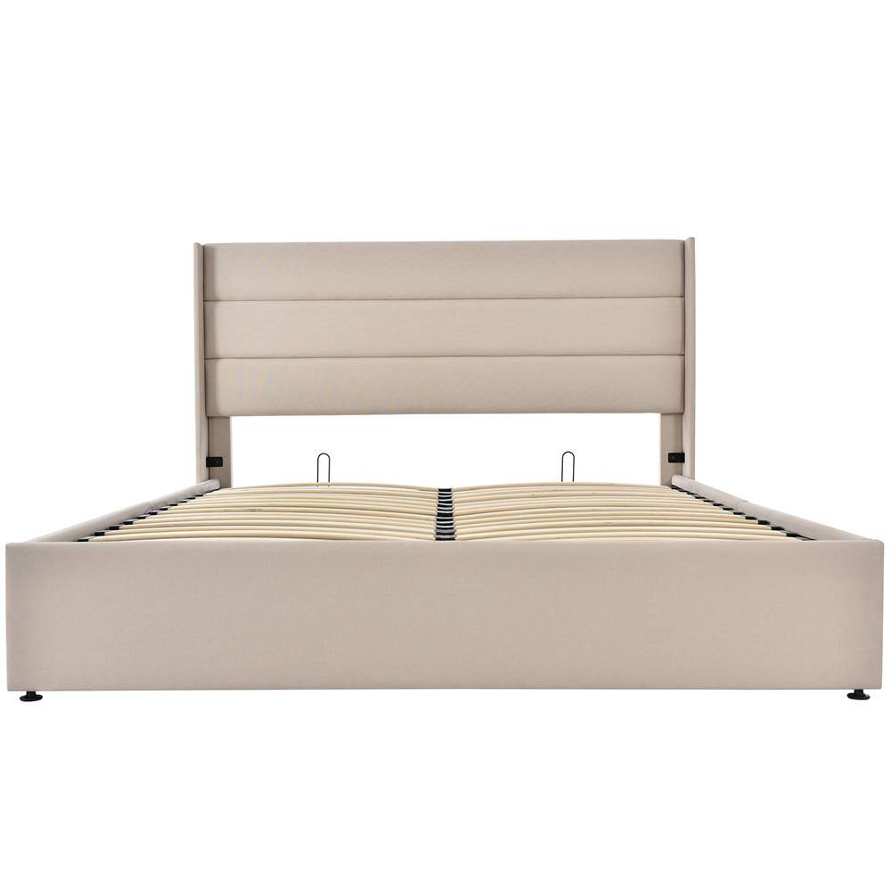 Polstret Seng 140 x 200 cm, Beige Hør, Hydraulisk + Metalramme
