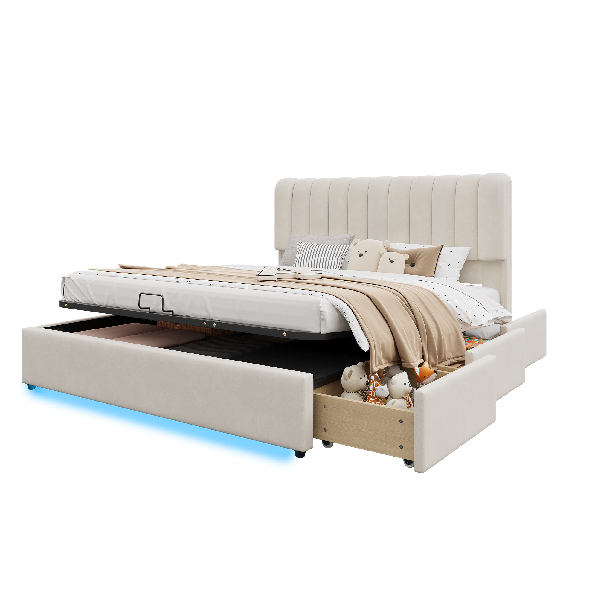seng med opbevaring 140x200 cm beige fløjl spånplade med hydraulisk bettkasten skuffer og LED-belysning