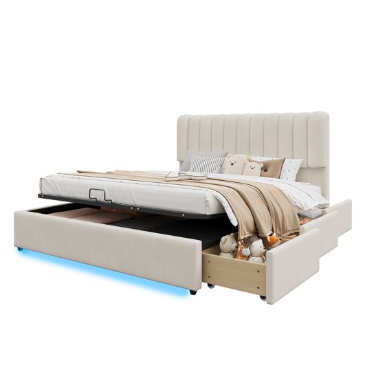 seng med opbevaring 140x200 cm beige fløjl spånplade med hydraulisk bettkasten skuffer og LED-belysning