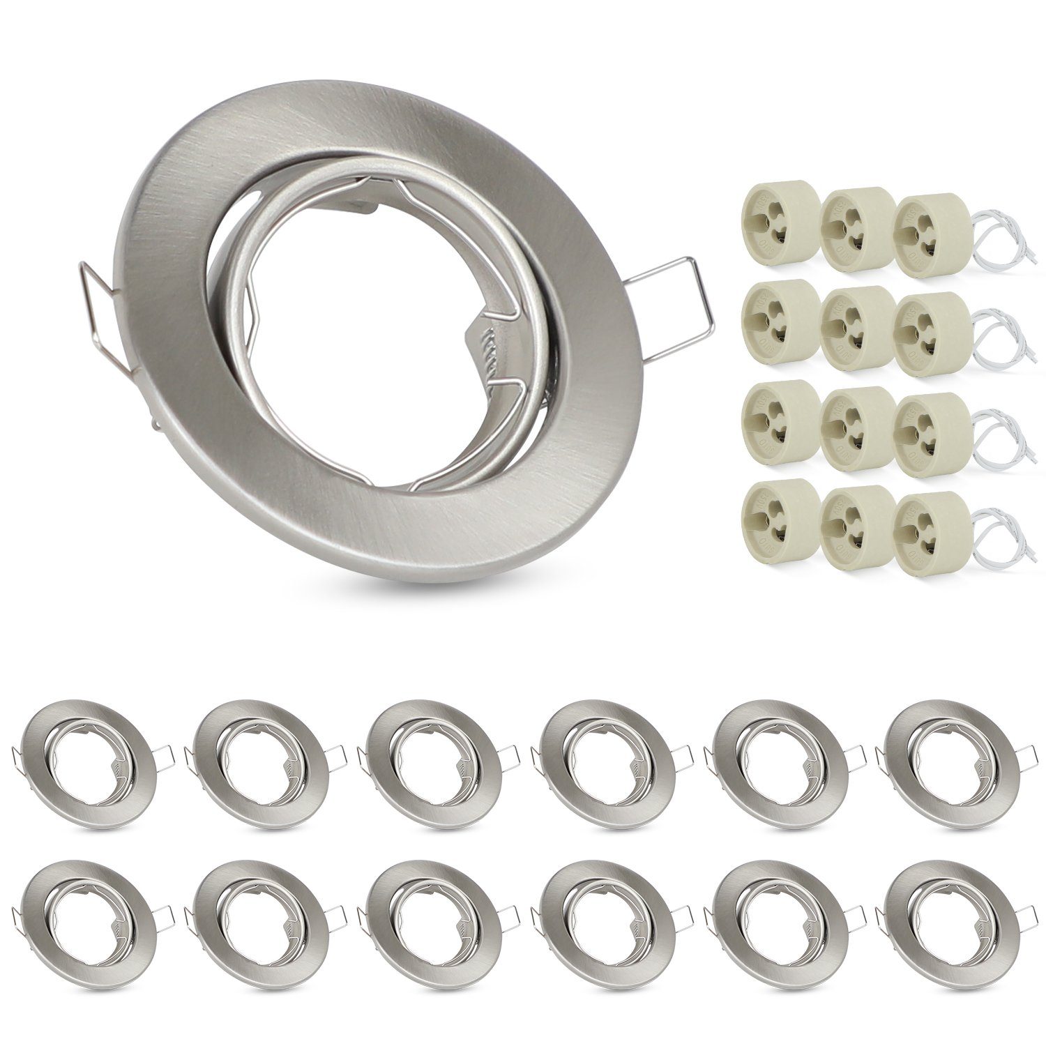 NETTLIFE - sæt med 12 spotlights, indbyggede GU10-fatninger, 230 V, 50 mm lamperamme, indbygget, drejelig 30°, til LED-halogenlamper