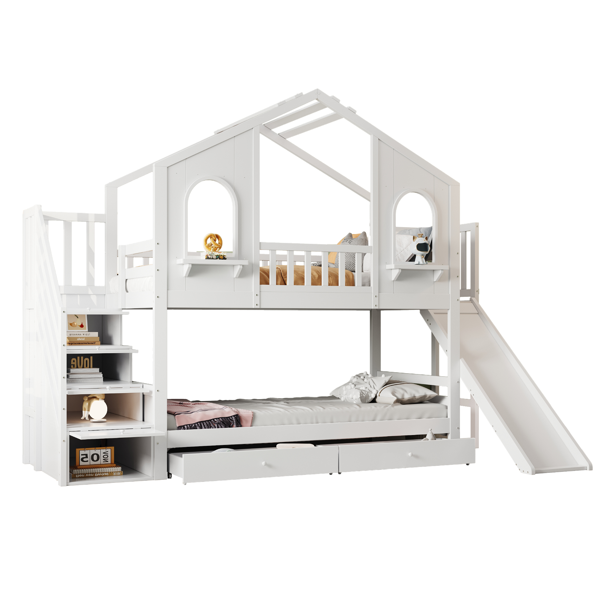 køjeseng 90x200 cm hvid i træ med rutsche sikkerhedsskinner og skuffer