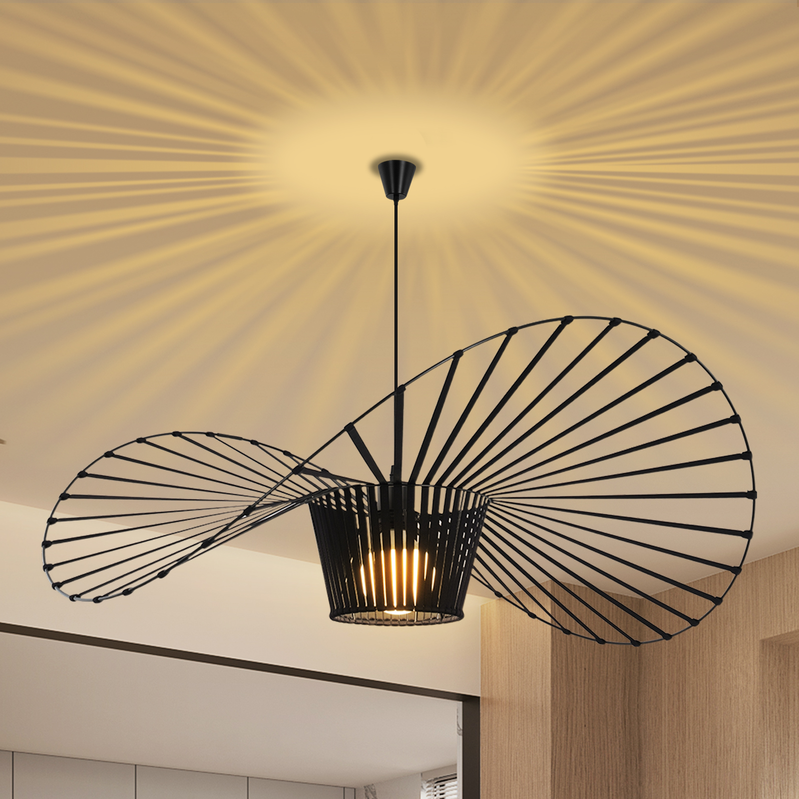 NETTLIFE pendellampe E27, sort moderne, design hat, diameter 140 cm polycarbonat, maks. 40 W uden pære