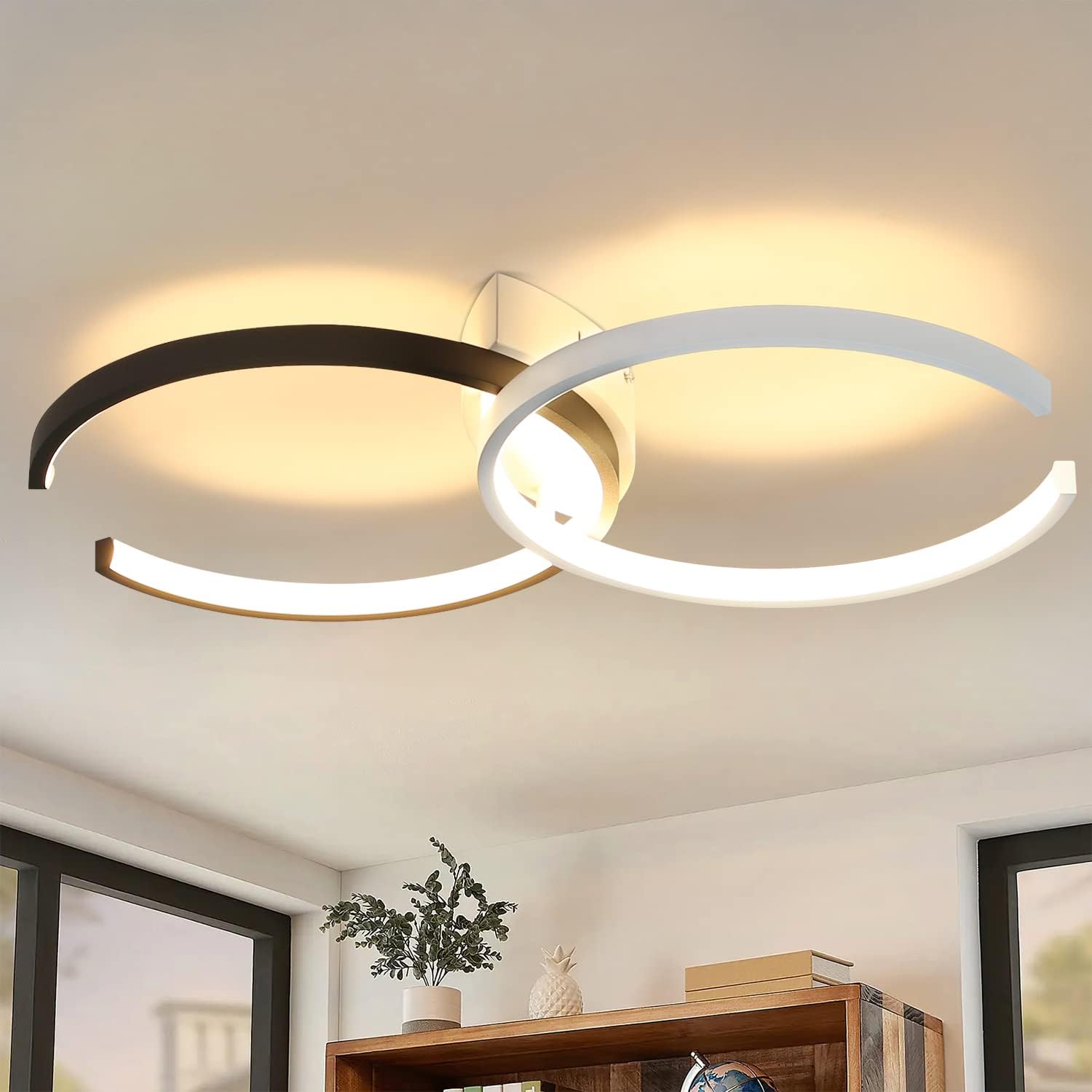 NETTLIFE sort-hvid LED loftlampe 24W, 54cm, 3000K varmt lys til stue, soveværelse, køkken eller børneværelse