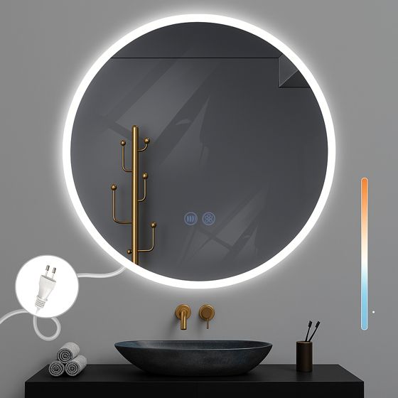NETTLIFE Spejl med belysning, LED - vægspejl, IP44 rundt, 80 cm med belyst touch-spejlfunktion og dæmpbar lys