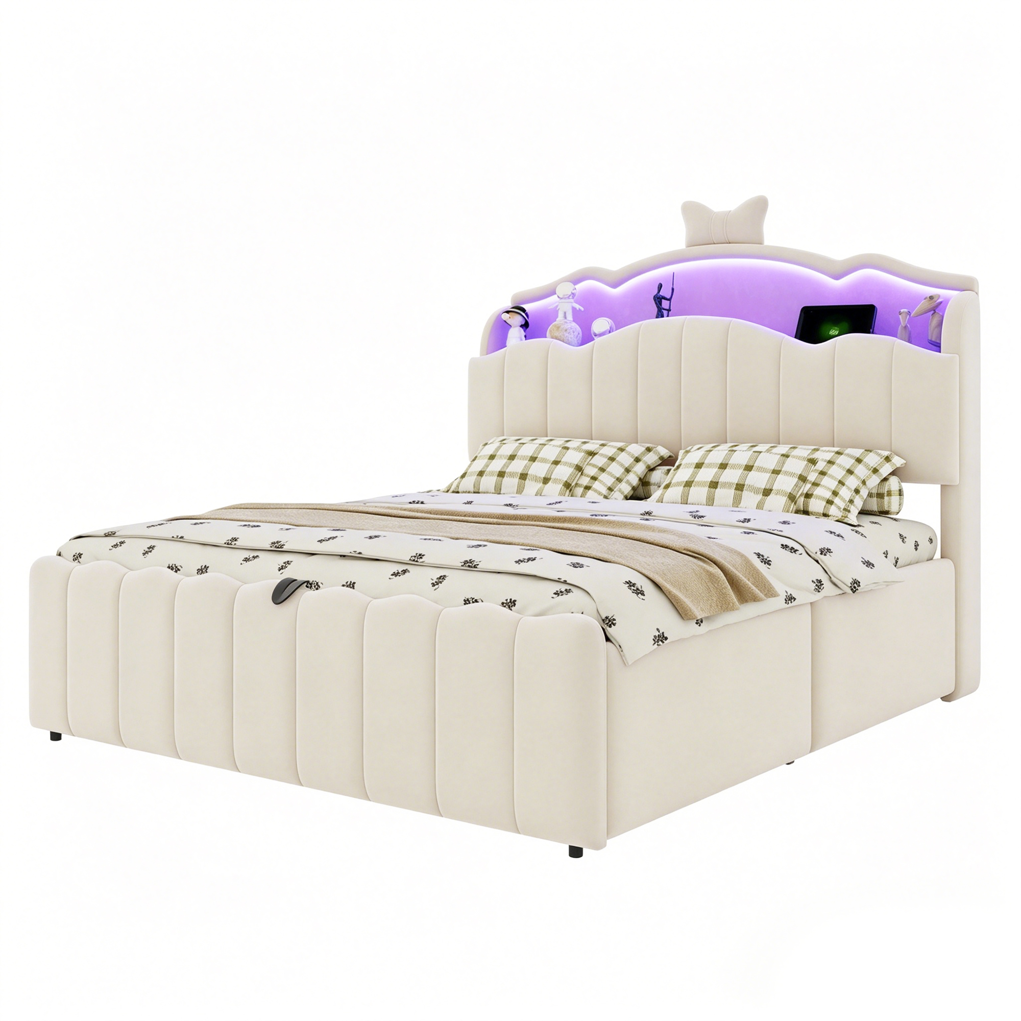 barneseng 140x200 cm beige stof og metal med hydraulisk opbevaring led-kopfteil usb-ladning