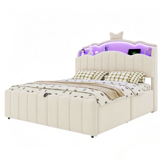 barneseng 140x200 cm beige stof og metal med hydraulisk opbevaring led-kopfteil usb-ladning
