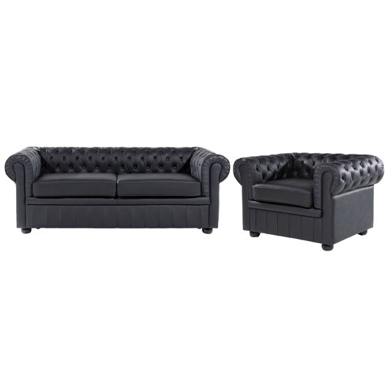 Sofasæt 4 personers CHESTERFIELD Ægte læder Sort