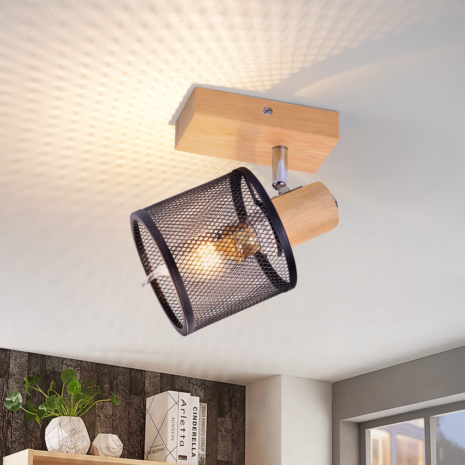 NETTLIFE Loftlampe 1-punkts, sort træmønster - loftlampe E14, justerbar 350°, 4 pærer, maks. 40 W, moderne til stue, soveværelse