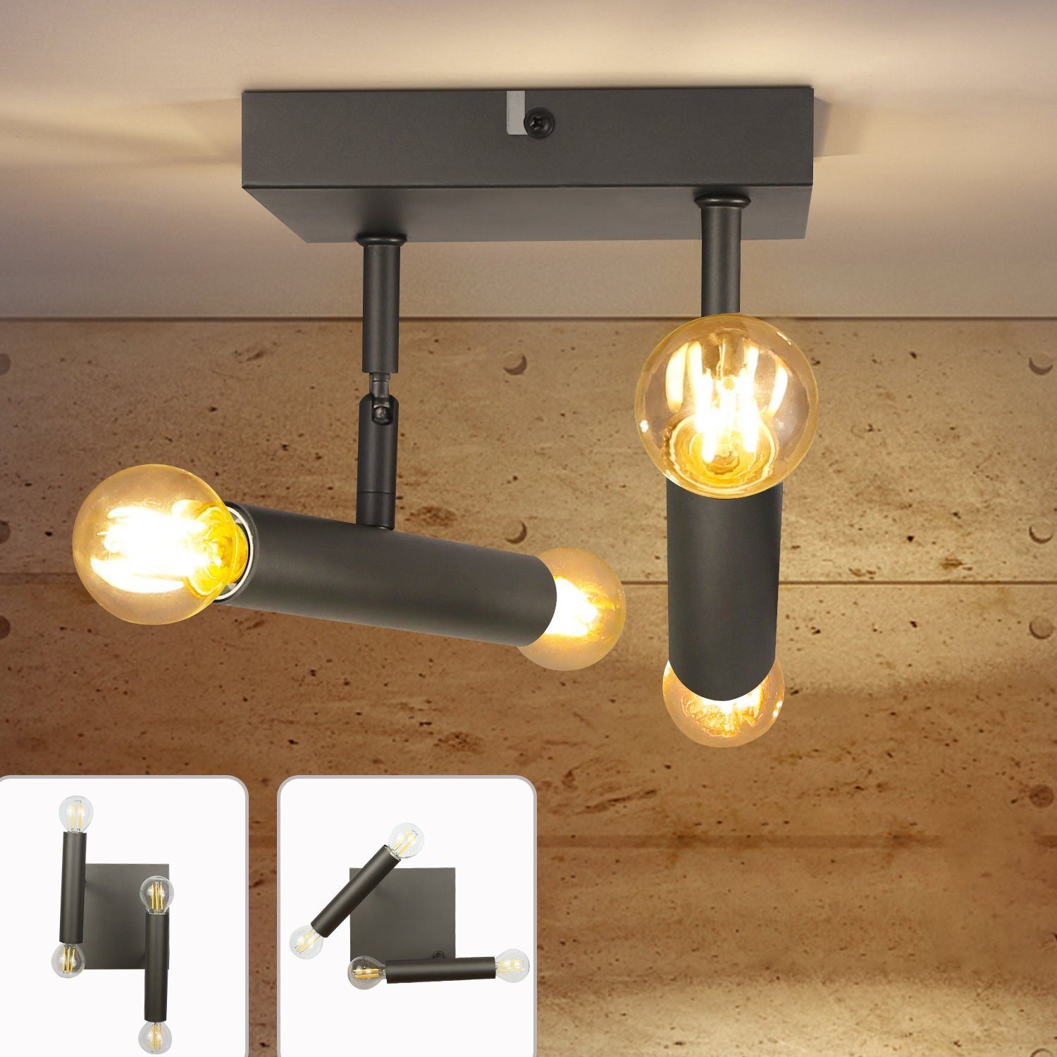 NETTLIFE - loftslampe, E14Vintage - grå, roterende, metal, væglampe, til entré, stue, soveværelse - nej, pære medfølger