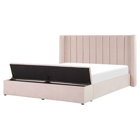 Vandseng med opbevaringsbænk NOYERS Velour Pastellrosa 160 x 200 cm