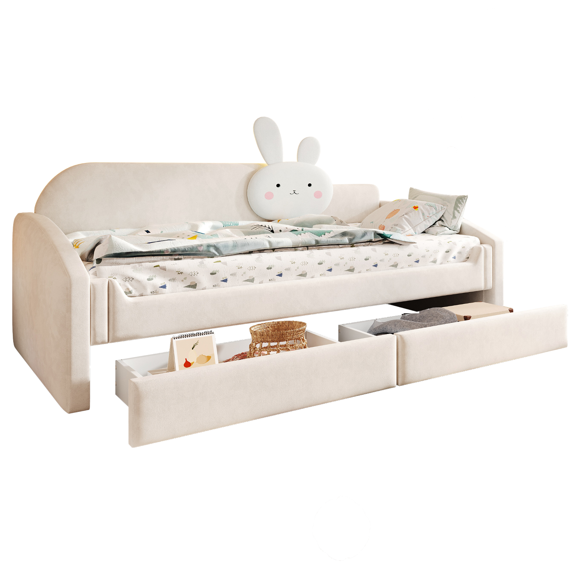barneseng 90x200 cm beige upholstered med skuffer og led-belysning