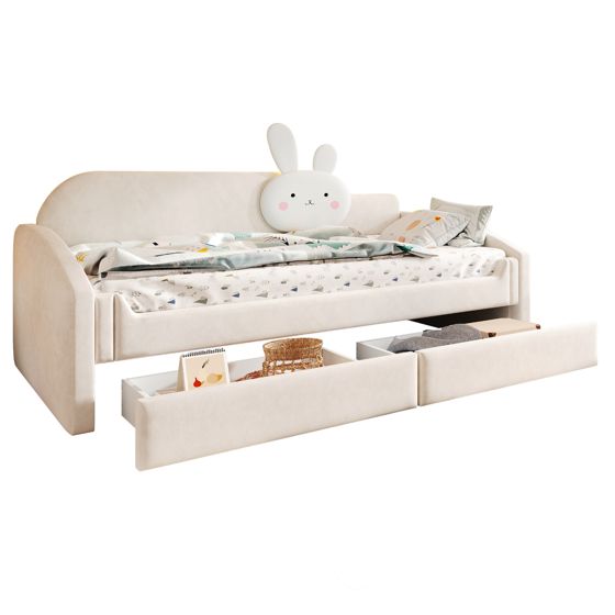 barneseng 90x200 cm beige upholstered med skuffer og led-belysning