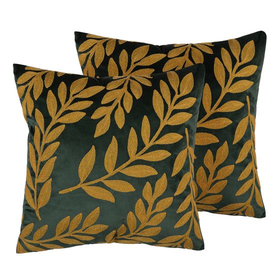 Sæt af 2 pyntepuder MISTLETOE 45 x 45 cm Velour Grøn Guld Plante mønster