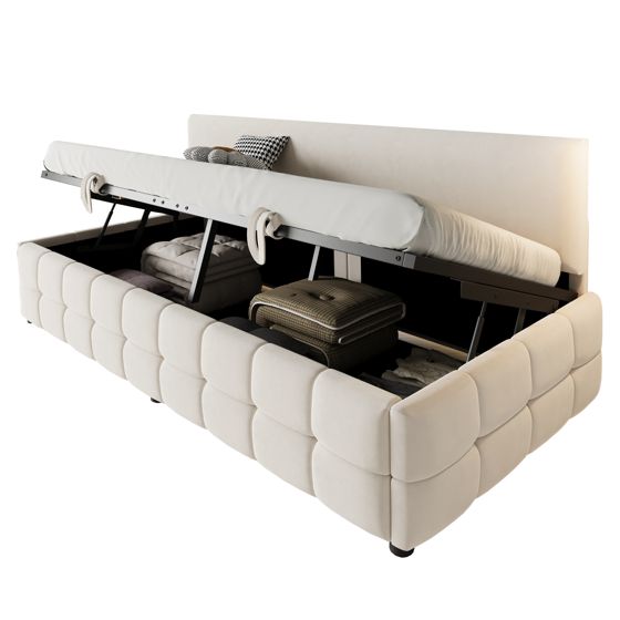 seng 90x200 cm beige stof med hydraulisk opbevaring og klassisk karomønster