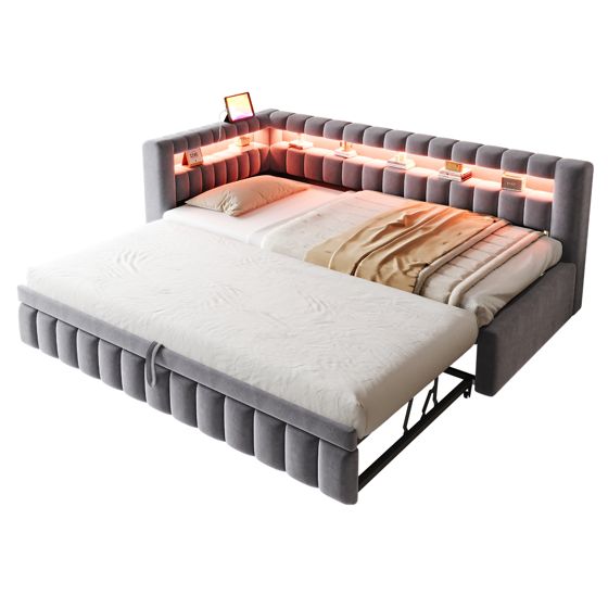 seng 90x200 cm mørkgrå i samtstoff med LED-belysning og USB-ladeanslutning