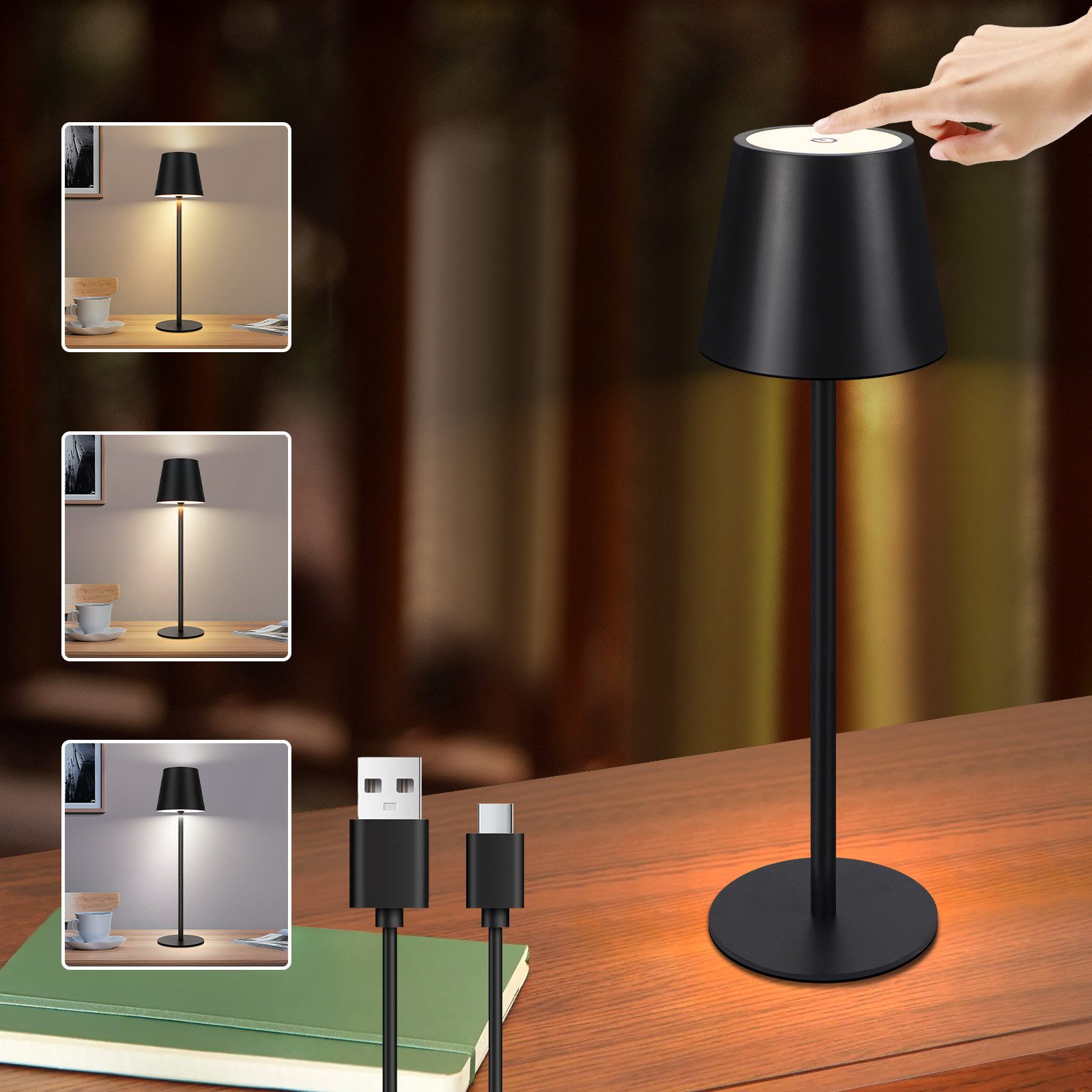 Nettlife trådløs sengebordslampe, 2600m Ah LED, genopladelig udendørs bordlampe, touch, sort, med USB