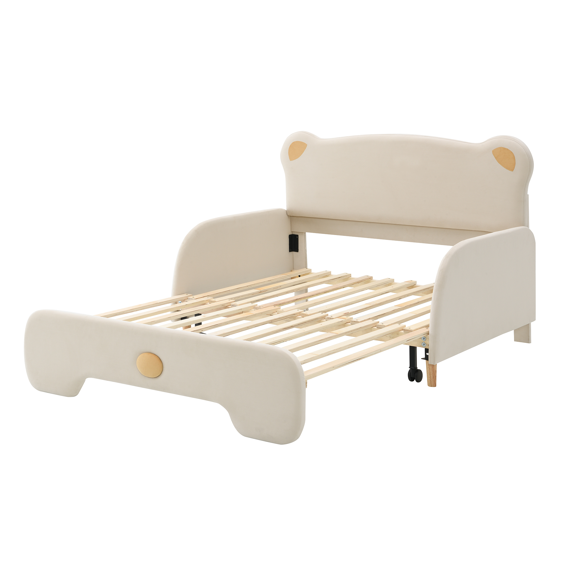 Polstret seng 140x105 cm og 140x200 cm, Bjørnformet Dobbeltseng, Børneseng, Udtrækkelig seng med Beskyttelseskant, Fløjl, Beige