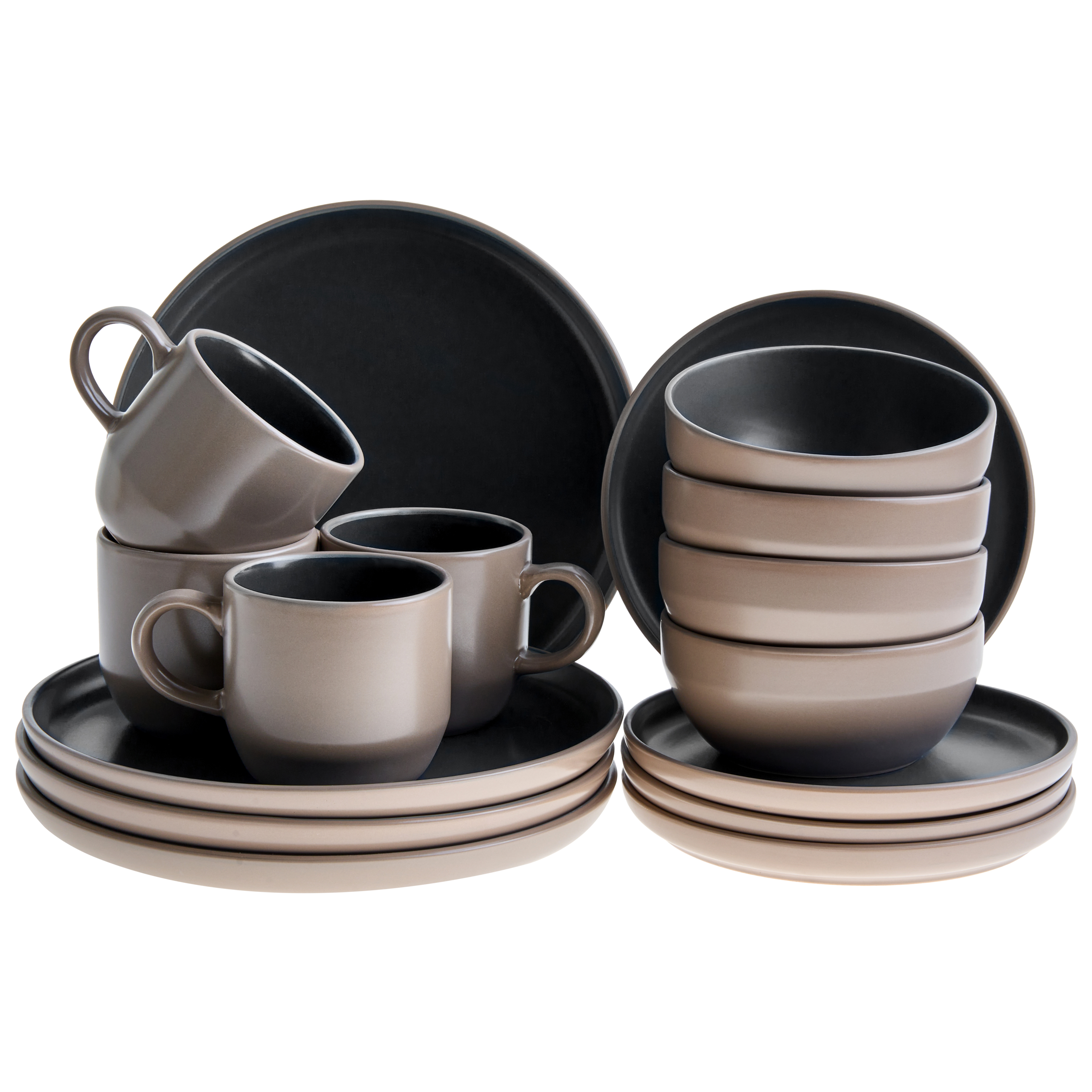 Sæt med 16 stykker spisestel NUTMEG Stentøj Sort/beige