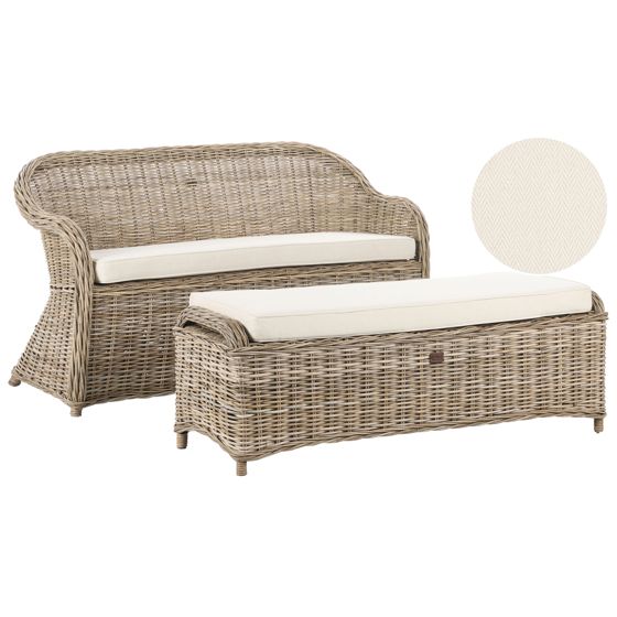 Havebænk med hynde SUSUA 141 cm med fodskammel Rattan Naturlig
